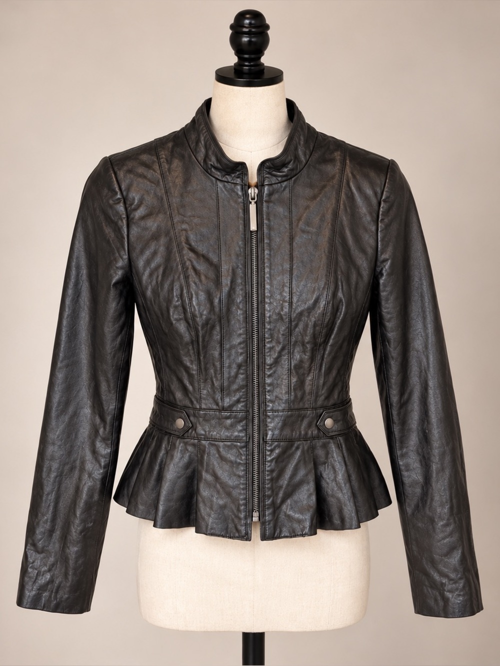 WHITE/BLACK Black Peplum Jacket Pleated Fitted Zip Front